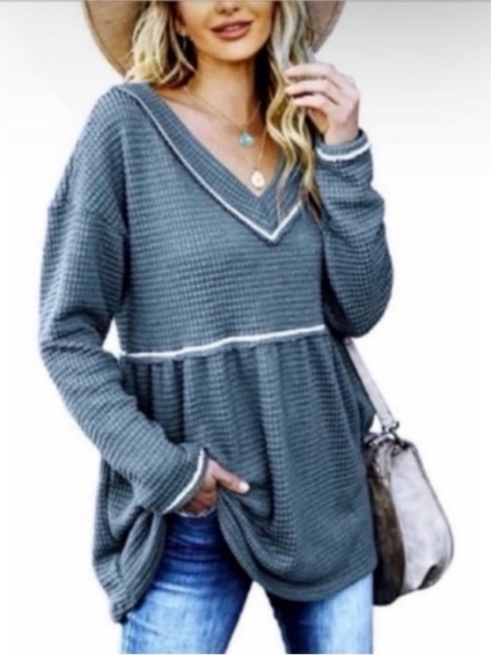 New Long Sleeve Flowing Waffle V-Neck Tunic Top, Sz Small